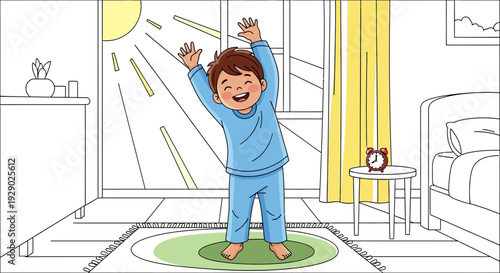 Happy child in blue pajamas jumping.