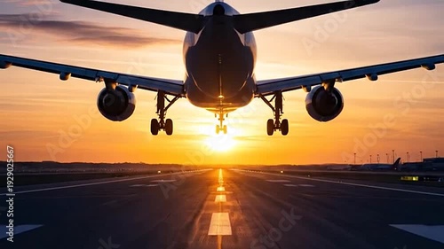 Large passenger airplane landing on a runway during a beautiful sunset
