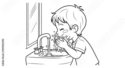 Boy brushing teeth at sink.