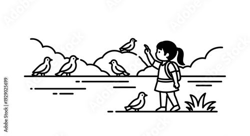 Girl Feeding Birds by Waters Edge.