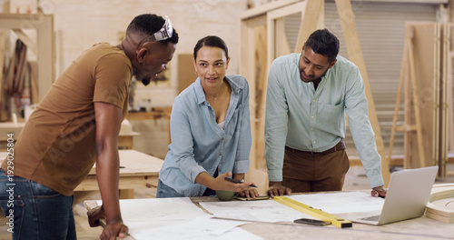 Quadro su tela Blueprint, speaking and people with meeting for carpentry, production planning or project management