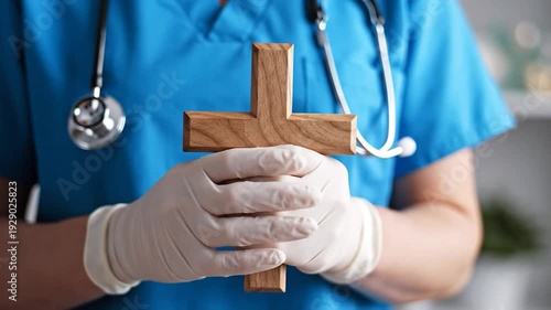 Healthcare professional with gloved hands holding wooden cross symbolizing faith and support in medical care