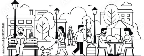 People socialize in a lively urban park with dog on a leash and friends chatting at tables.