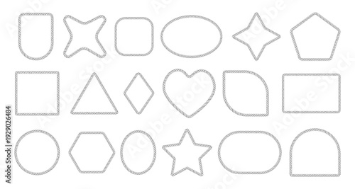 Rope brush frame borders in square and round shape vector illustration set. Nautical vector design with braided rope patterns, perfect for marine-themed decorations and vintage sailor graphics.