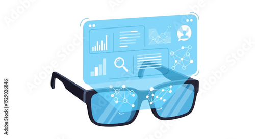 Futuristic AR Smart Glasses Displaying Digital Data Interface, Business Intelligence Dashboard, and Network Visualization