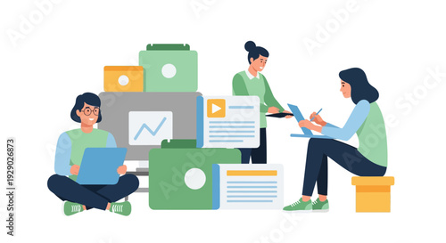 Data Management Teamwork: Women Organizing Digital Files, Documents, and Business Analytics. Workflow and Archiving Illustration.