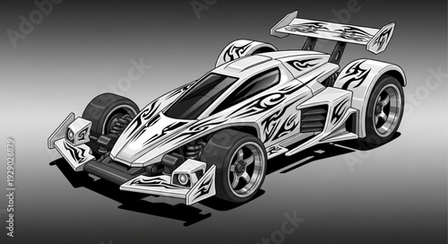 Detailed image of a white racing car with intricate black flame designs.