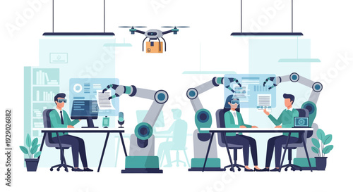 Future Workplace Automation: VR collaboration with AI robotic arms, data management, and logistics via delivery drone.