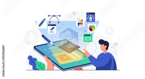 Creative 3D Design and Digital Modeling Workflow Illustration. Designer using Tablet and Graphic Software Tools.