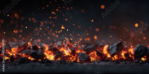 Hot burning coals with flying sparks, intense fire heat energy, industrial fuel texture, dramatic dark background, power and combustion concept, glowing embers macro detail, raw strength temperature