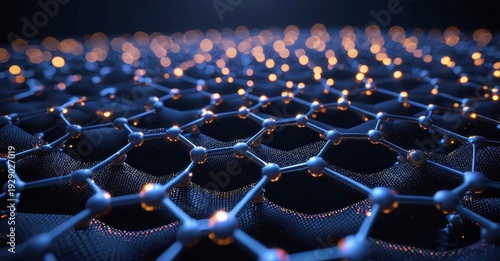 Hexagonal lattice structure. Glowing points connect lines forming network. Dark background emphasizes complex geometry, material science concept.