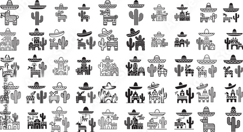 Mexican culture icons including cacti sombreros and buildings on white background