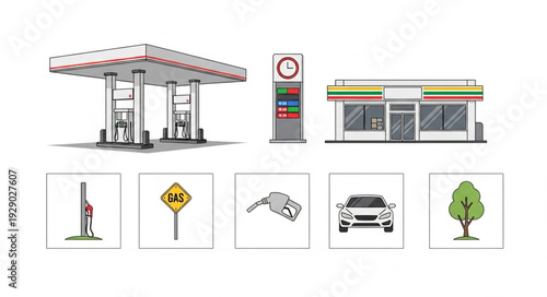 Gas station and related elements, including a car and a tree, in a drawing style.