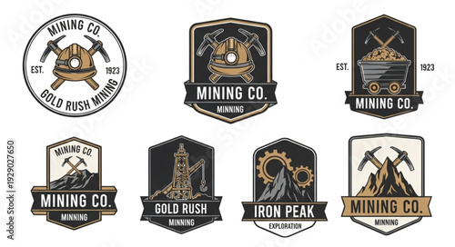 Vintage mining company logos showcasing tools, gold, and rugged landscapes, perfect for branding.