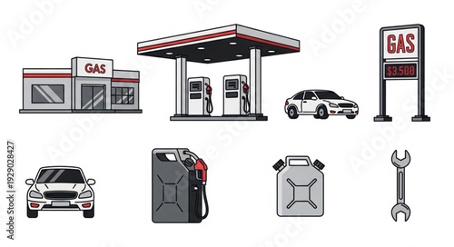 Gas station and car related objects, including fuel cans and a wrench.