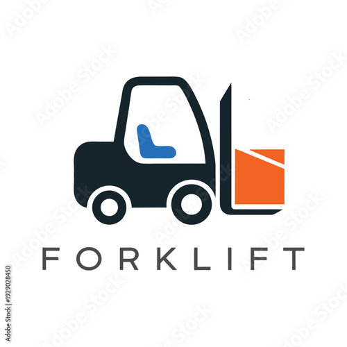 Black forklift lifting an orange box with a blue seat inside