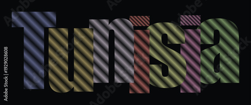 Bold, colorful text spells out Tunisia with a textured, striped design against a dark background.