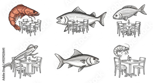 Collection of seafood and fish illustrations on ice.