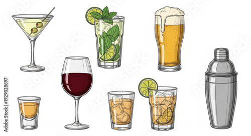 Collection of refreshing alcoholic and non-alcoholic beverages in glasses.