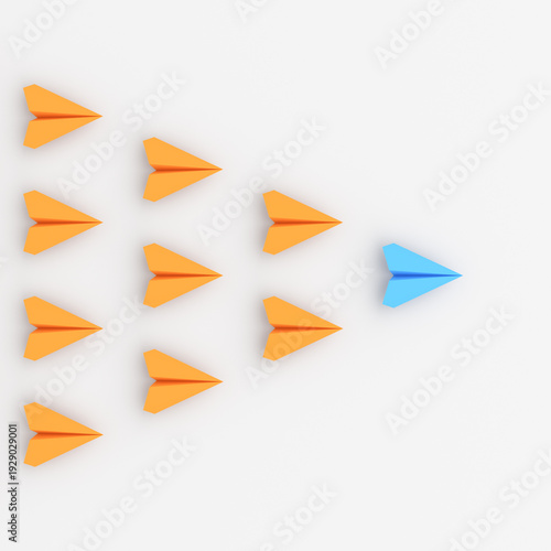 Leadership concept, blue leader plane leading orange planes. 3D Rendering