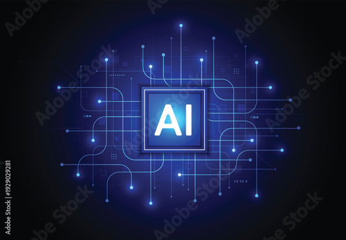 Big data and machine learning. Artificial intelligence chipset on circuit board in futuristic concept. Technology artwork for web, banner, card, cover. Vector illustration