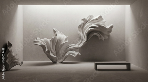 Abstract white flowing sculpture in a minimalist art gallery interior