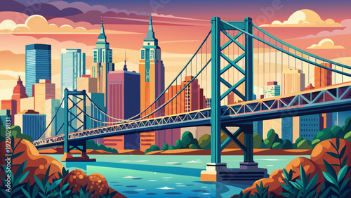 Very beautiful stylized Benjamin Franklin Bridge stretching across the Delaware River, bold suspension cables framing the Philadelphia skyline in a modern urban design composition inspired by iconic A