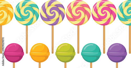Assorted Colorful Lollipop Collection with Swirls and Solid Spheres, Concept of Artisan Confectionery, Sweet Treats, Sugar Art, and Festive Indulgence Vector Illustration