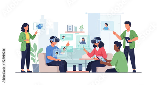 Metaverse VR Business Meeting: Remote team collaboration using virtual reality headsets, augmented reality interfaces, and digital technology for immersive work.