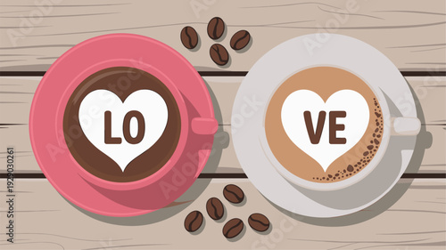 Aerial View of Two Coffee Cups with Heart Latte Art and Love Typography, Concept of Romantic Connection, Shared Affection, Cozy Dating, and Sentimental Rituals Vector Illustration