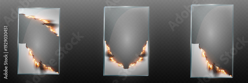 Burning glass frame vector transparent banner with fire crack effect