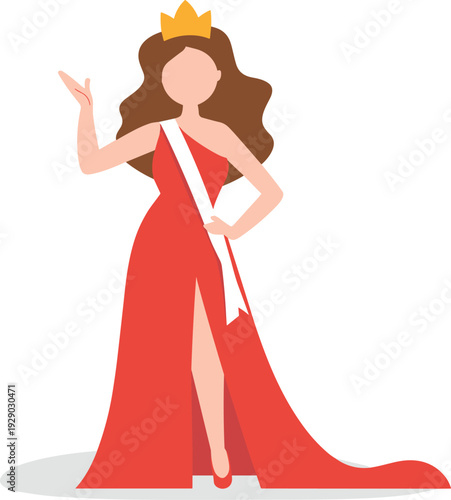 Beauty Queen in Red Evening Gown with Crown and Sash, Concept of Pageantry, Competitive Elegance, Formal Glamour, Public Poise, and Individual Achievement Vector Illustration