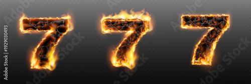 Burning number seven vector realistic fire digit with flame texture