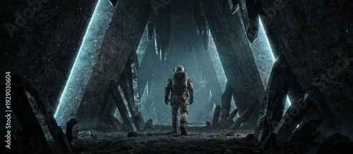 A lone astronaut exploring a dark, jagged crystalline cave with gritty noise texture and high-grain teal and black finish. Moody volumetric lighting creates atmospheric cinematic composition as sharp 