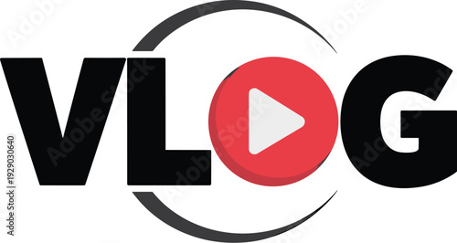 Bold VLOG Logo with Integrated Play Button and Orbital Ring, Concept of Personal Broadcasting, Digital Content Creation, Video Blogging, and Social Media Storytelling Vector Illustration
