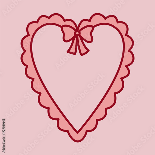 Hand-drawn pink decorative frame with bow in coquette style. Cute heart-shaped romantic vintage border. Perfect for invitations, cards, stationery, social media and Valentine's Day decorations.