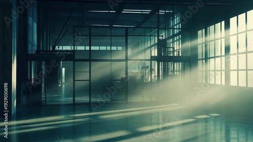 Empty industrial warehouse interior with large window panes and sunbeams casting dramatic shadows on the polished concrete floor, evoking minimal, modern architectural potential