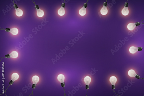 String lights frame border vector with glowing bulbs on purple background copy space