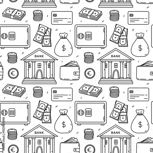 Seamless finance pattern with money bags, wallet, credit cards, bank, coins and cash. Black and white doodle background for business, investment design. Vector hand-drawn illustration.