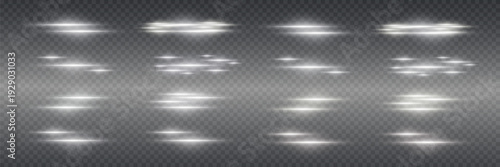 Collection of white horizontal light streaks isolated on transparent background