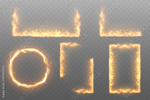 Collection of fire frames and burning borders isolated on transparent background