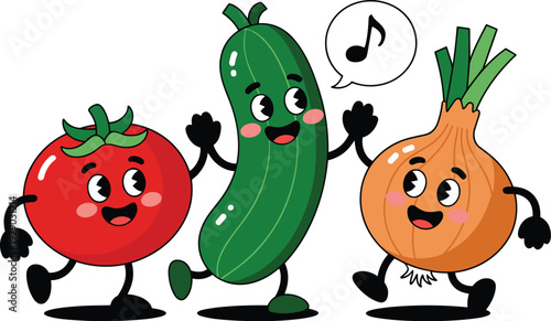 Cheerful Dancing Tomato, Cucumber, and Onion Cartoon Characters, Concept of Playful Nutrition, Healthy Food Advocacy, Youthful Wellness, and Joyful Balanced Eating Vector Illustration