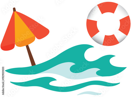Flat vector illustration of a beach umbrella, ocean waves, and a lifebuoy in bright summer colors. Playful seaside design isolated on white, perfect for vacation graphics, prints, and merchandise.