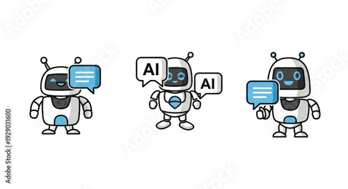 Three cute AI robots with speech bubbles representing artificial intelligence.