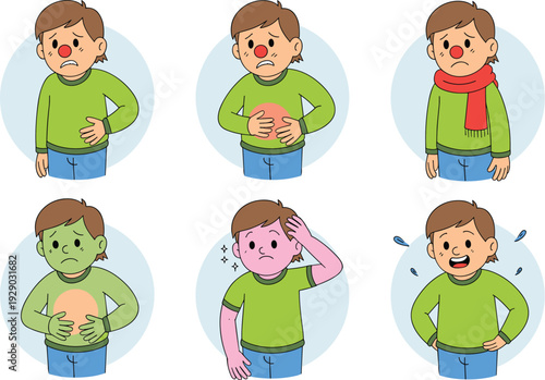 Childhood Illness and Symptom Collection with Stomach Ache, Fever, and Cold, Concept of Pediatric Health, Physical Discomfort, Medical Care, and Youth Wellness Vector Illustration