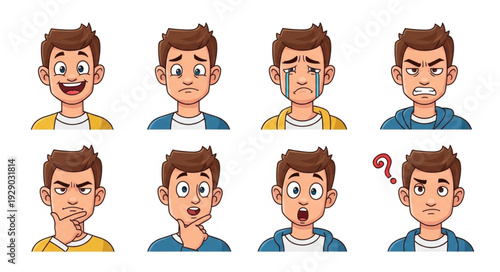 Diverse emotional expressions of a young man showcasing various feelings and moods.