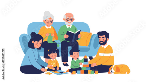 Illustration of a multigenerational family with grandparents and parents sitting and playing with children on the floor with building blocks against a clean white background.