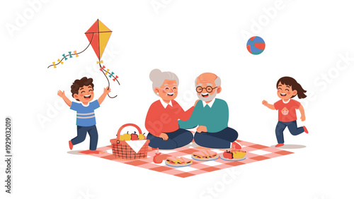 Illustration of a family with two children and elderly grandparents having a picnic on a blanket in a park with a kite and ball.