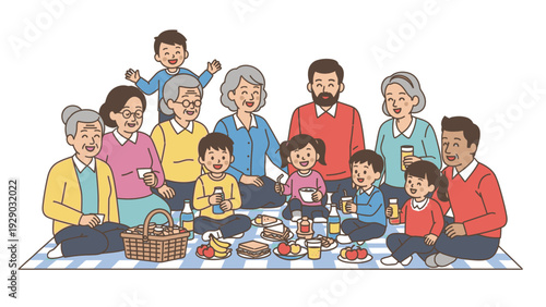 Illustration of a multi-generational family enjoying a picnic on a blanket with food and drinks.