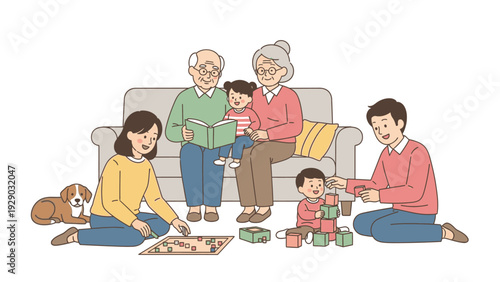 Illustration of a multi-generational family with a dog playing and sitting on the floor in a cozy living room with a warm atmosphere.
